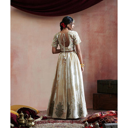 WeaverStory Hand Embroidered Beige Skirt with Blouse & Pink Organza Dupatta (Set of 3)