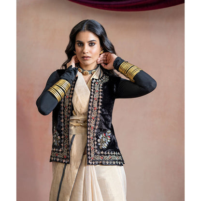 WeaverStory Black Sleeveless Stitched Jacket with Hand Embroidered Zardozi Work