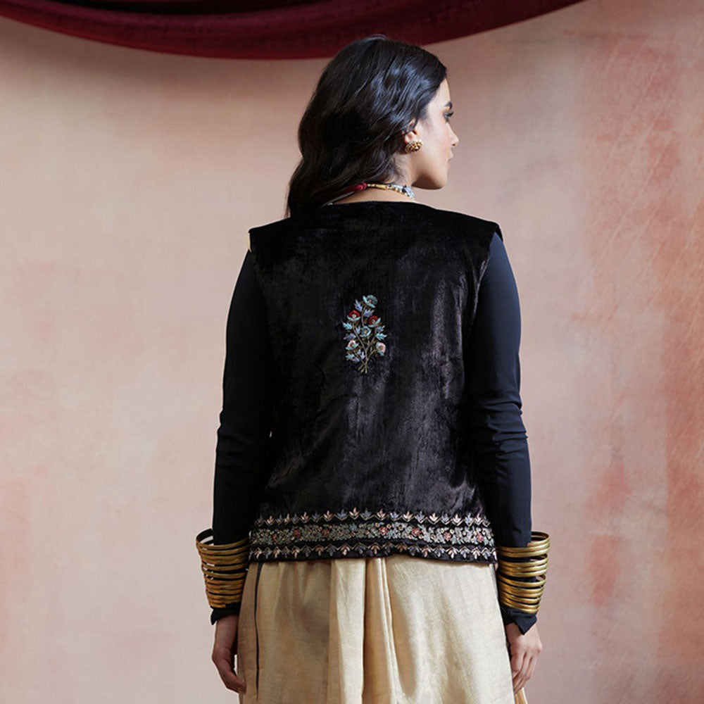 WeaverStory Black Sleeveless Stitched Jacket with Hand Embroidered Zardozi Work