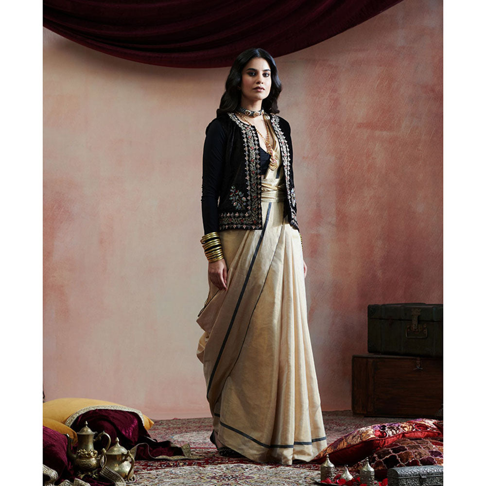 WeaverStory Black Sleeveless Stitched Jacket with Hand Embroidered Zardozi Work