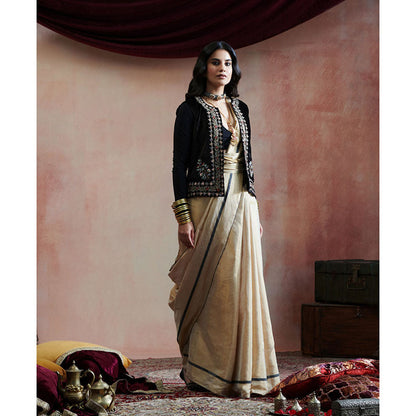 WeaverStory Black Sleeveless Stitched Jacket with Hand Embroidered Zardozi Work