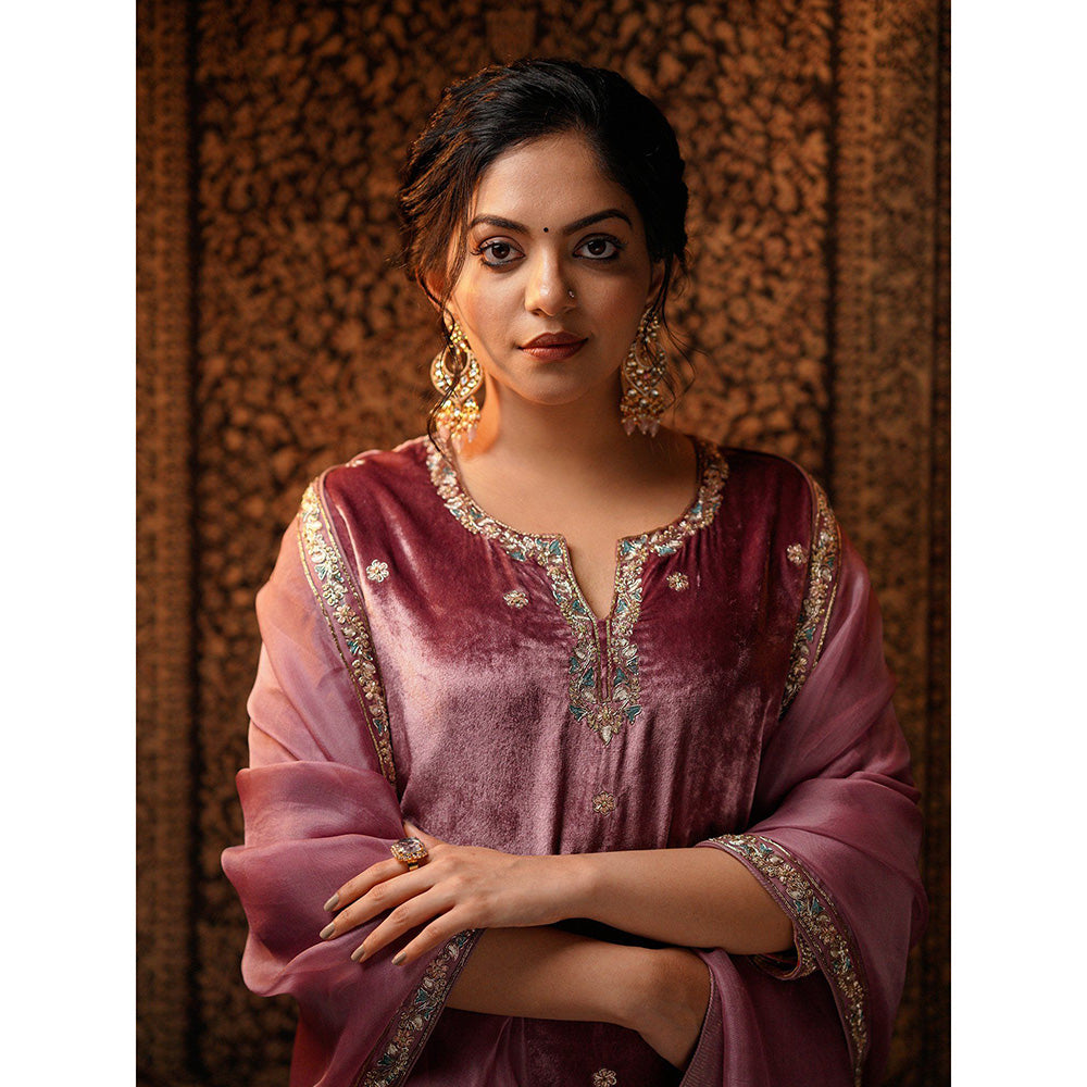 WeaverStory Hand Embroidered Plum Kurta with Beige Farshi & Organza Dupatta (Set of 3)