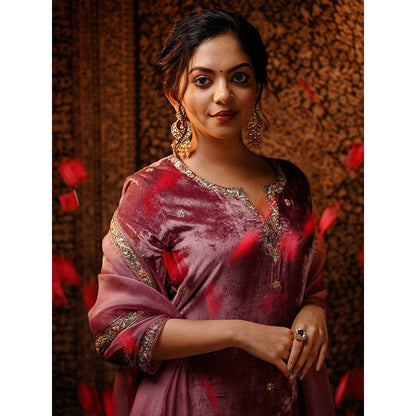 WeaverStory Hand Embroidered Plum Kurta with Beige Farshi & Organza Dupatta (Set of 3)