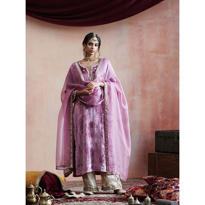 WeaverStory Hand Embroidered Plum Kurta with Beige Farshi & Organza Dupatta (Set of 3)
