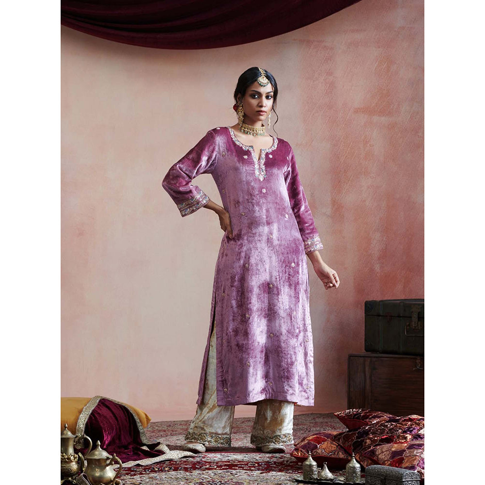 WeaverStory Hand Embroidered Plum Kurta with Beige Farshi & Organza Dupatta (Set of 3)