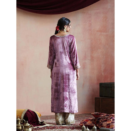 WeaverStory Hand Embroidered Plum Kurta with Beige Farshi & Organza Dupatta (Set of 3)