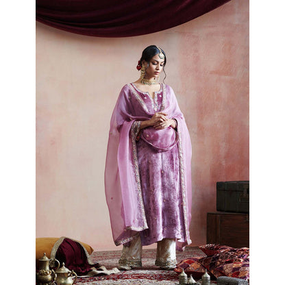 WeaverStory Hand Embroidered Plum Kurta with Beige Farshi & Organza Dupatta (Set of 3)