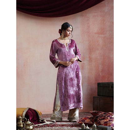 WeaverStory Hand Embroidered Plum Kurta with Beige Farshi & Organza Dupatta (Set of 3)