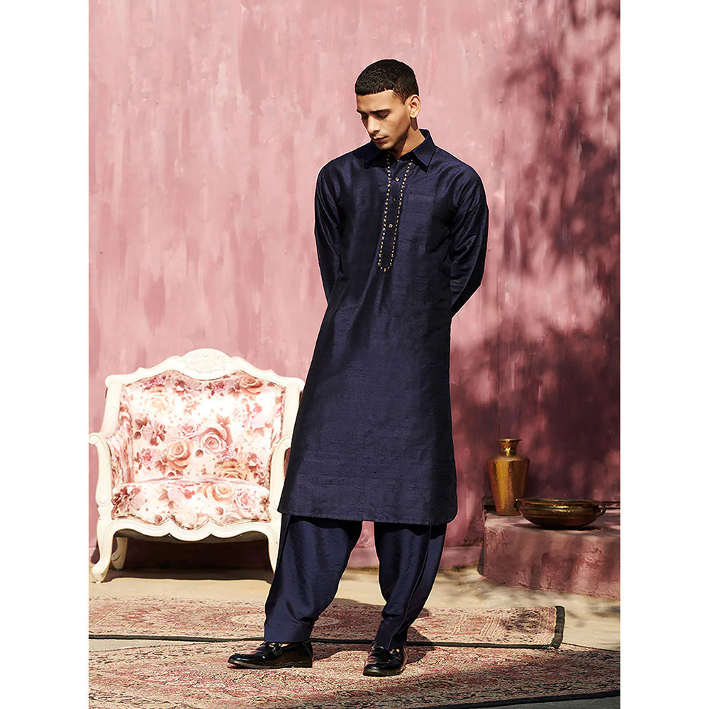 WeaverStory Handcrafted Dark Blue Silk Pathani Kurta (Set of 2)