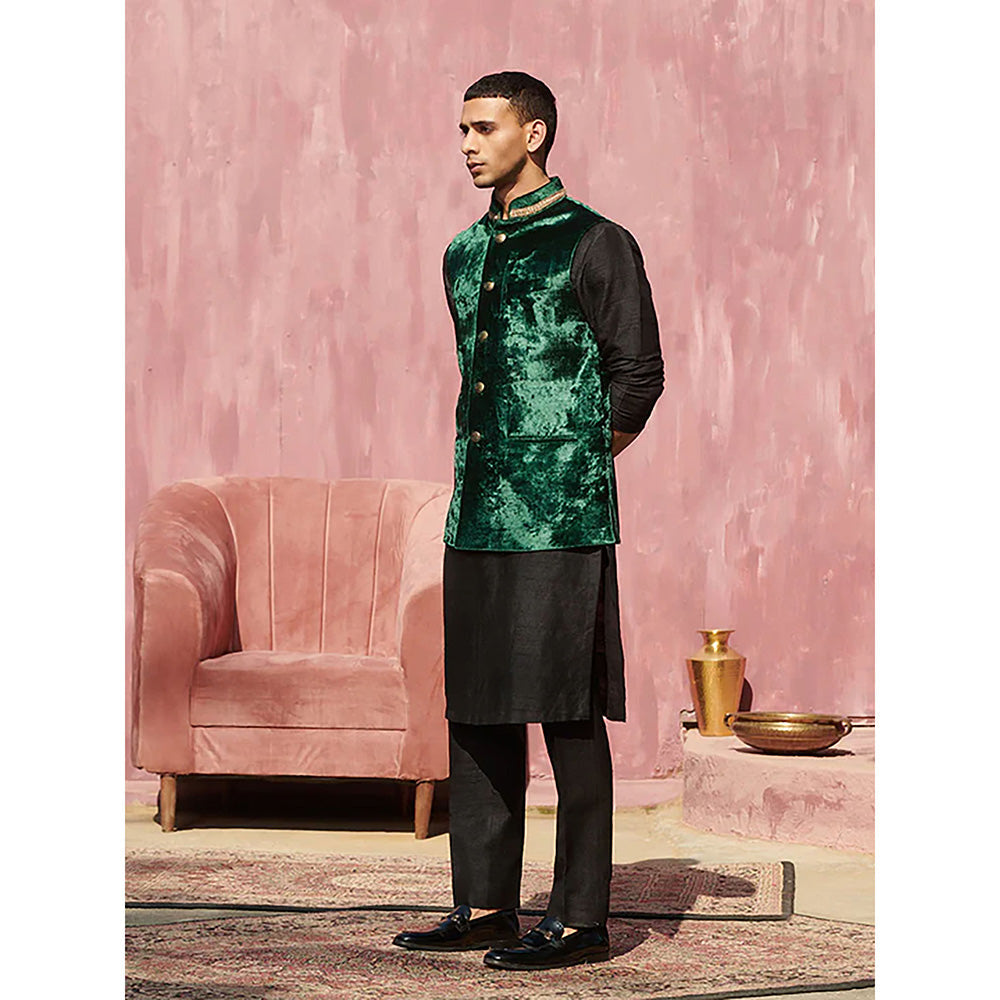 WeaverStory Dark Green Velvet Handcrafted Nehru Jacket