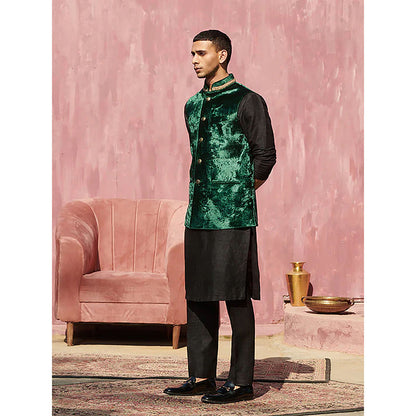 WeaverStory Dark Green Velvet Handcrafted Nehru Jacket