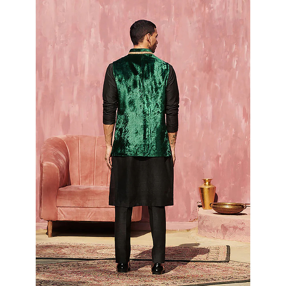 WeaverStory Dark Green Velvet Handcrafted Nehru Jacket