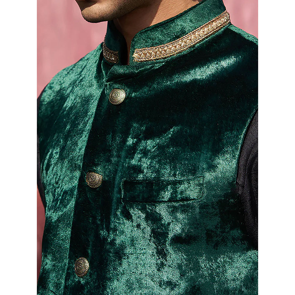 WeaverStory Dark Green Velvet Handcrafted Nehru Jacket