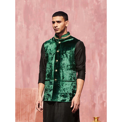 WeaverStory Dark Green Velvet Handcrafted Nehru Jacket