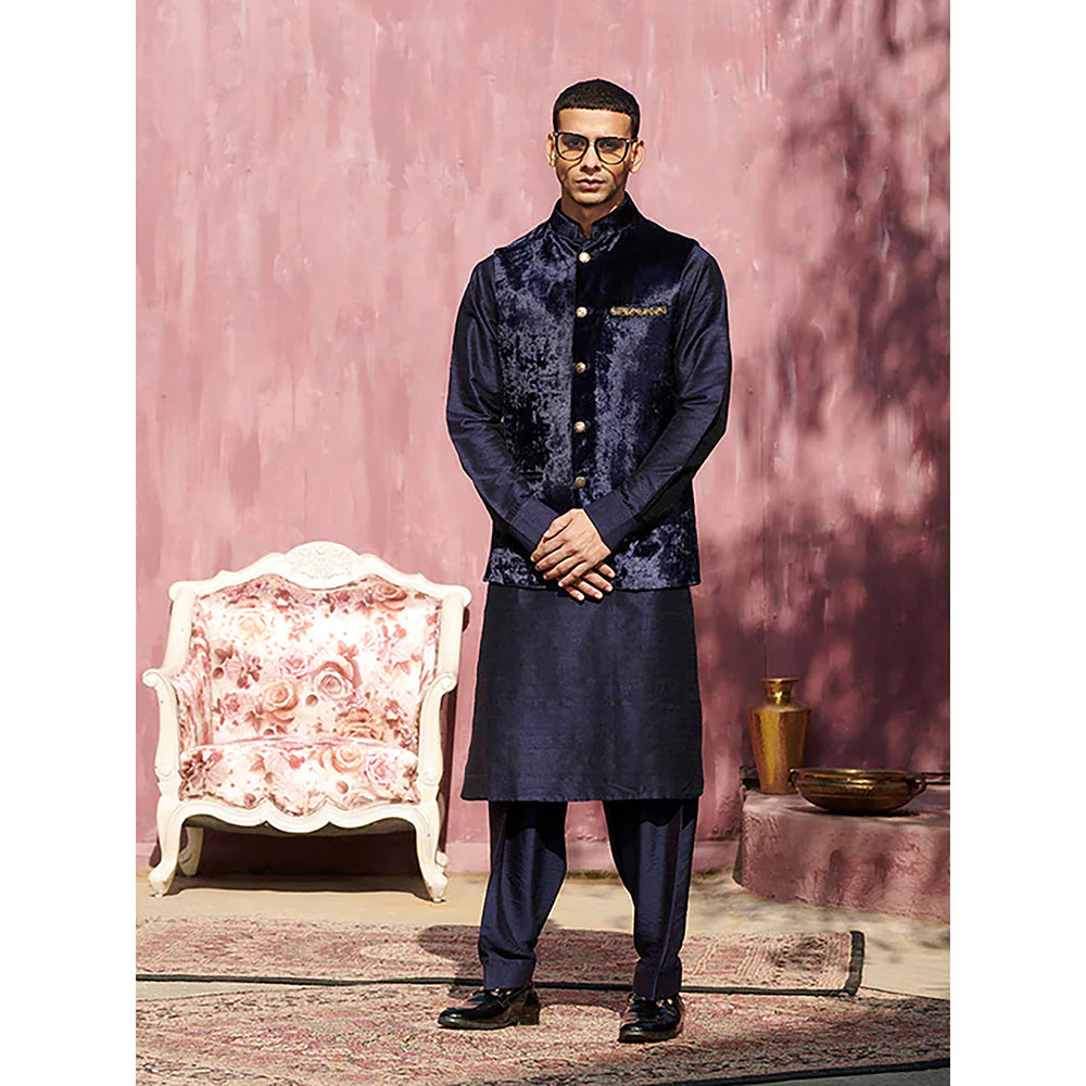 WeaverStory Dark Blue Velvet Stitched Nehru Jacket