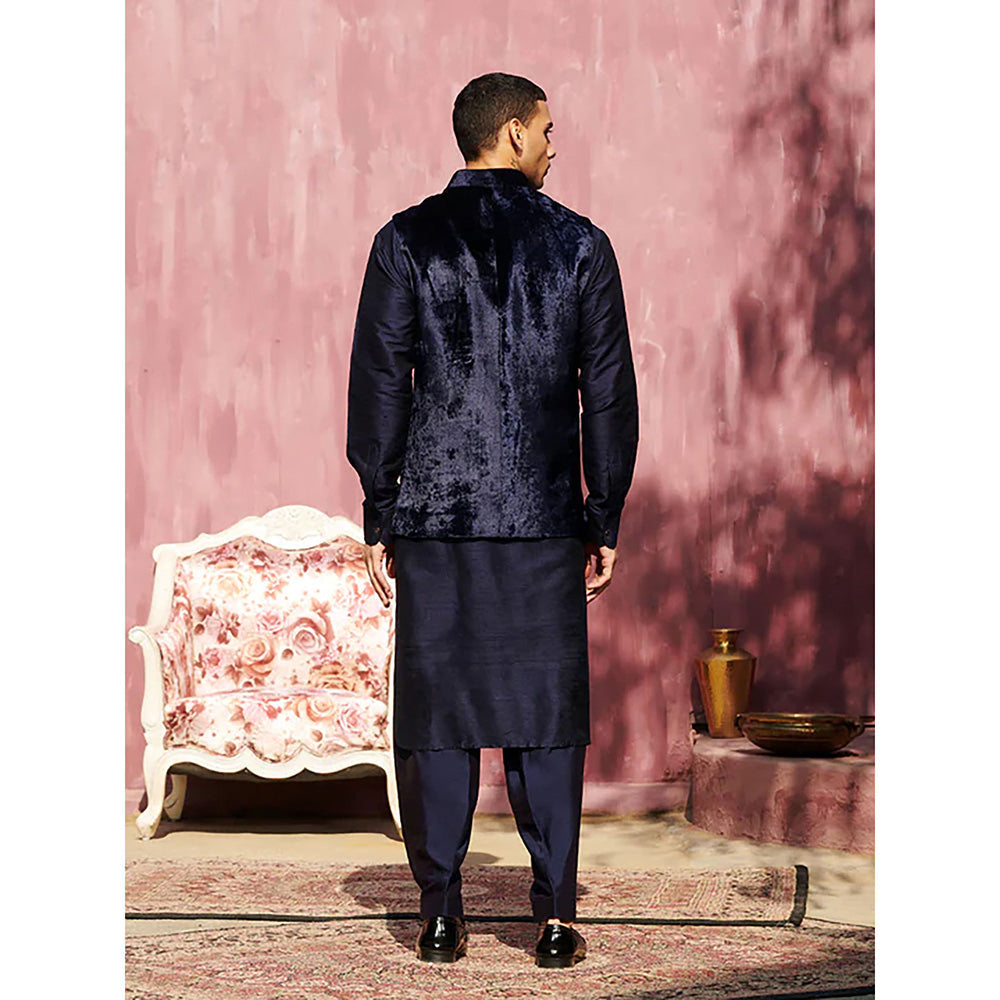 WeaverStory Dark Blue Velvet Stitched Nehru Jacket
