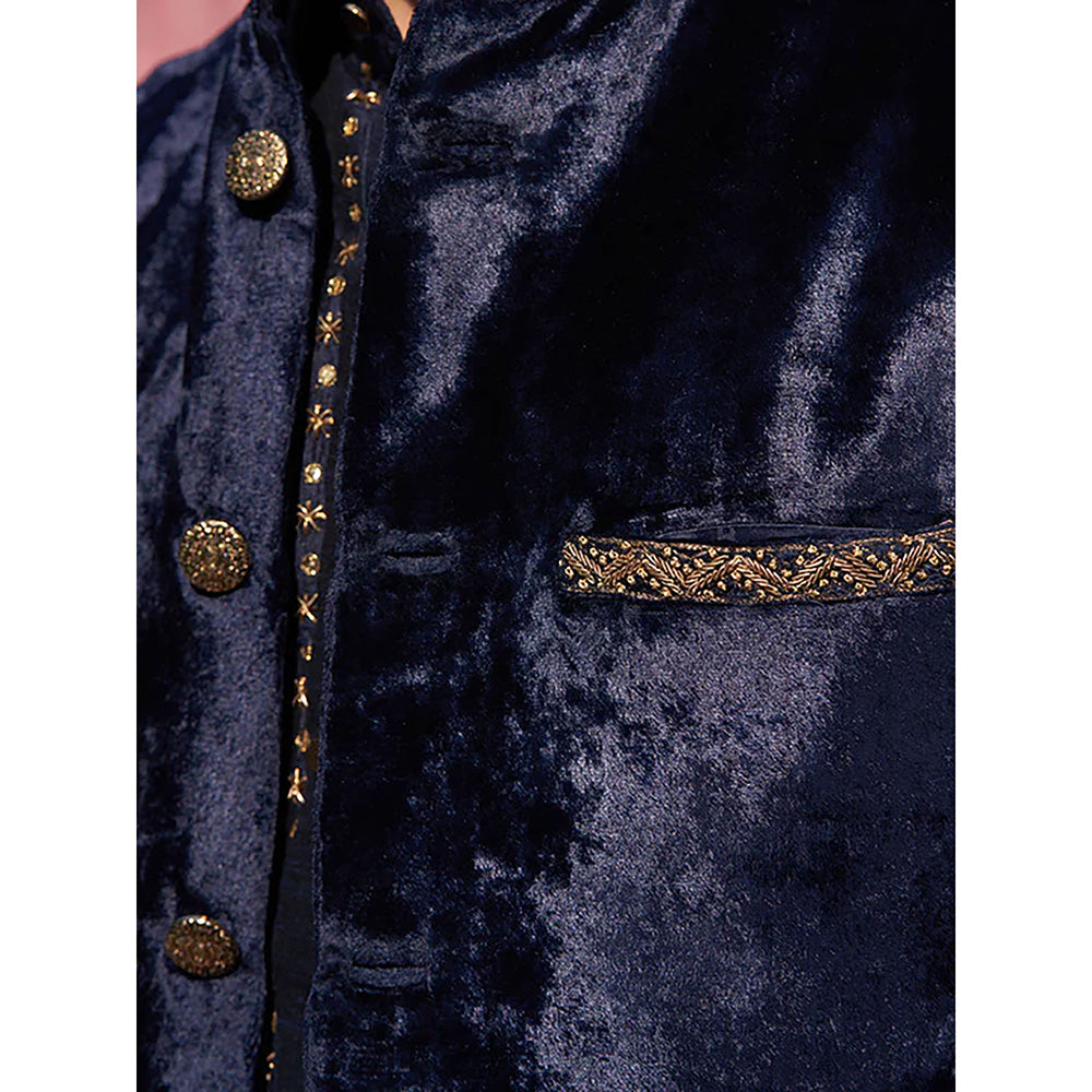 WeaverStory Dark Blue Velvet Stitched Nehru Jacket