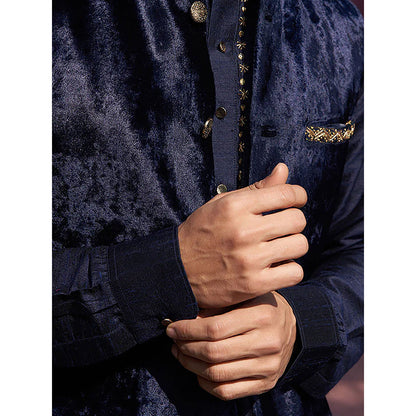WeaverStory Dark Blue Velvet Stitched Nehru Jacket