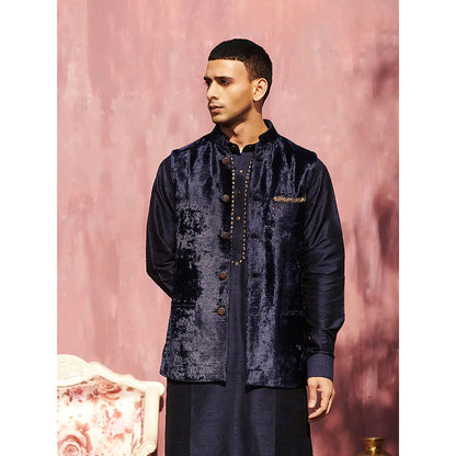WeaverStory Dark Blue Velvet Stitched Nehru Jacket