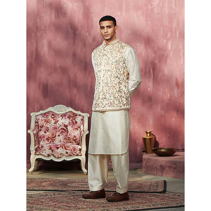 WeaverStory Off White Handcrafted Velvet Nehru Jacket