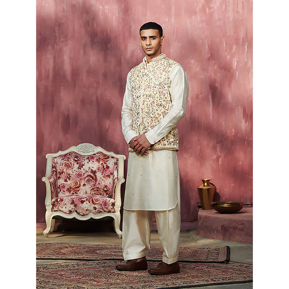 WeaverStory Off White Handcrafted Velvet Nehru Jacket