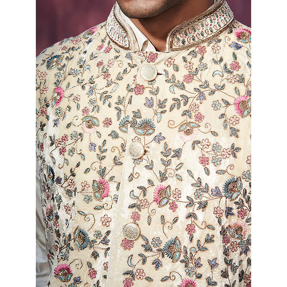 WeaverStory Off White Handcrafted Velvet Nehru Jacket