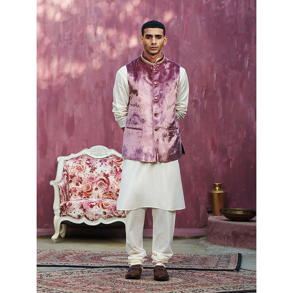 WeaverStory Onion Pink Velvet Stitched Nehru Jacket