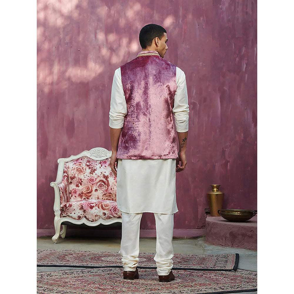 WeaverStory Onion Pink Velvet Stitched Nehru Jacket