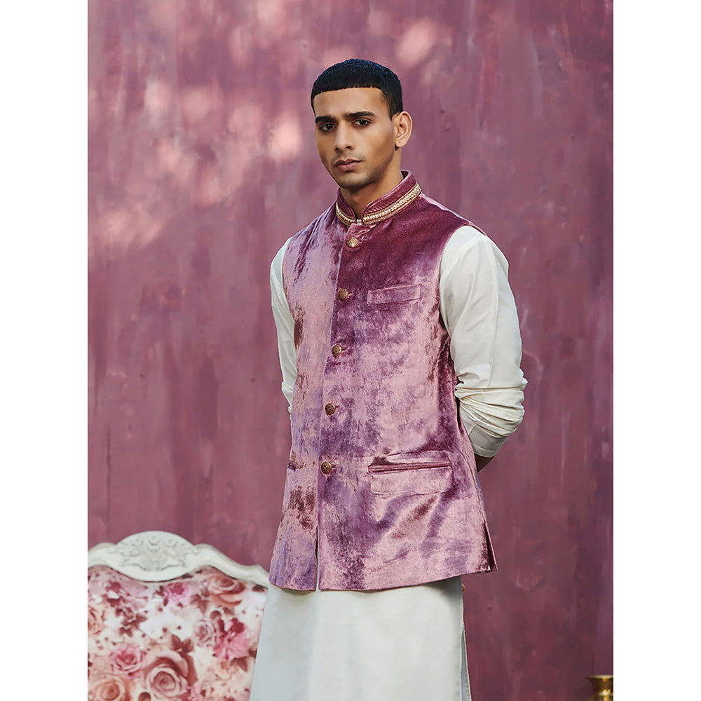 WeaverStory Onion Pink Velvet Stitched Nehru Jacket