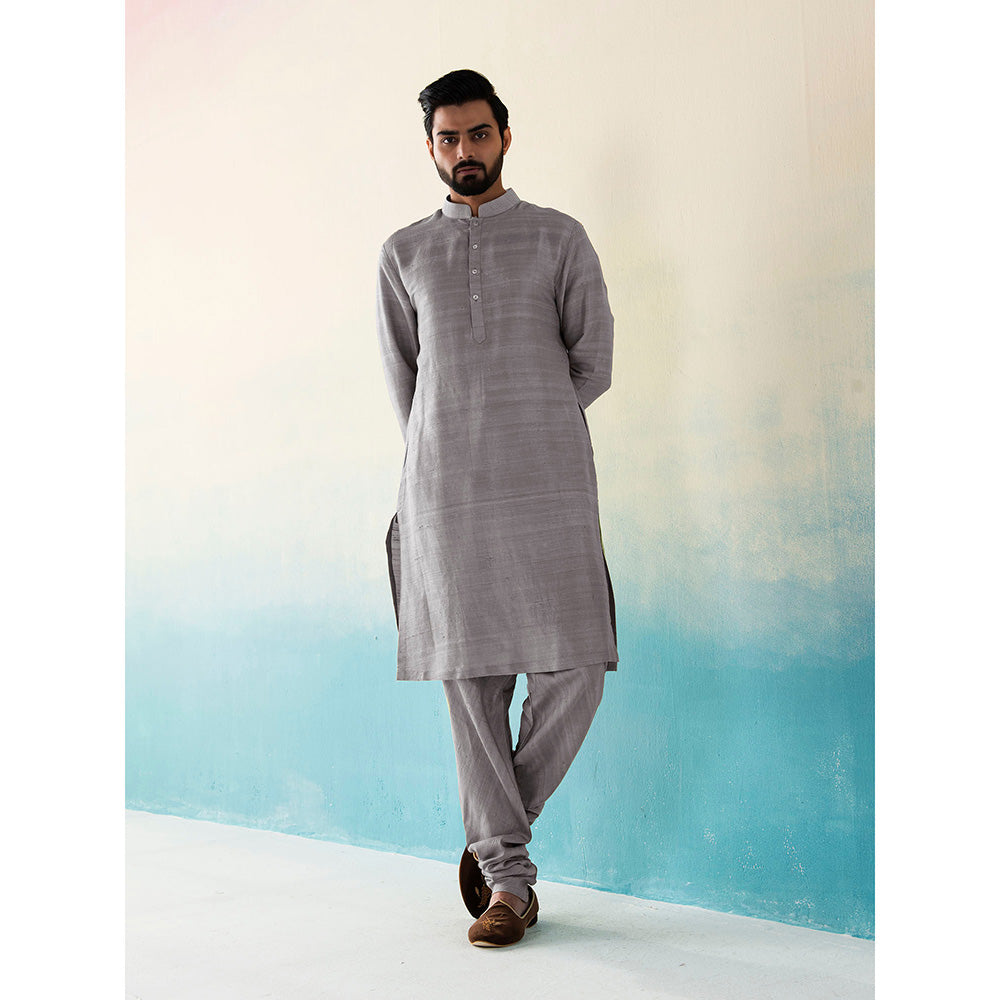 WeaverStory Classic Raw Silk Grey Kurta with Pant (Set of 2)