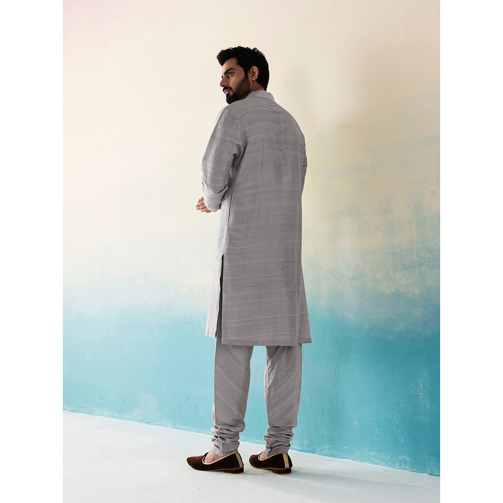 WeaverStory Classic Raw Silk Grey Kurta with Pant (Set of 2)