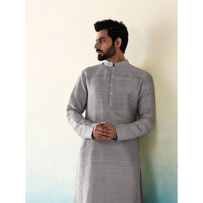 WeaverStory Classic Raw Silk Grey Kurta with Pant (Set of 2)