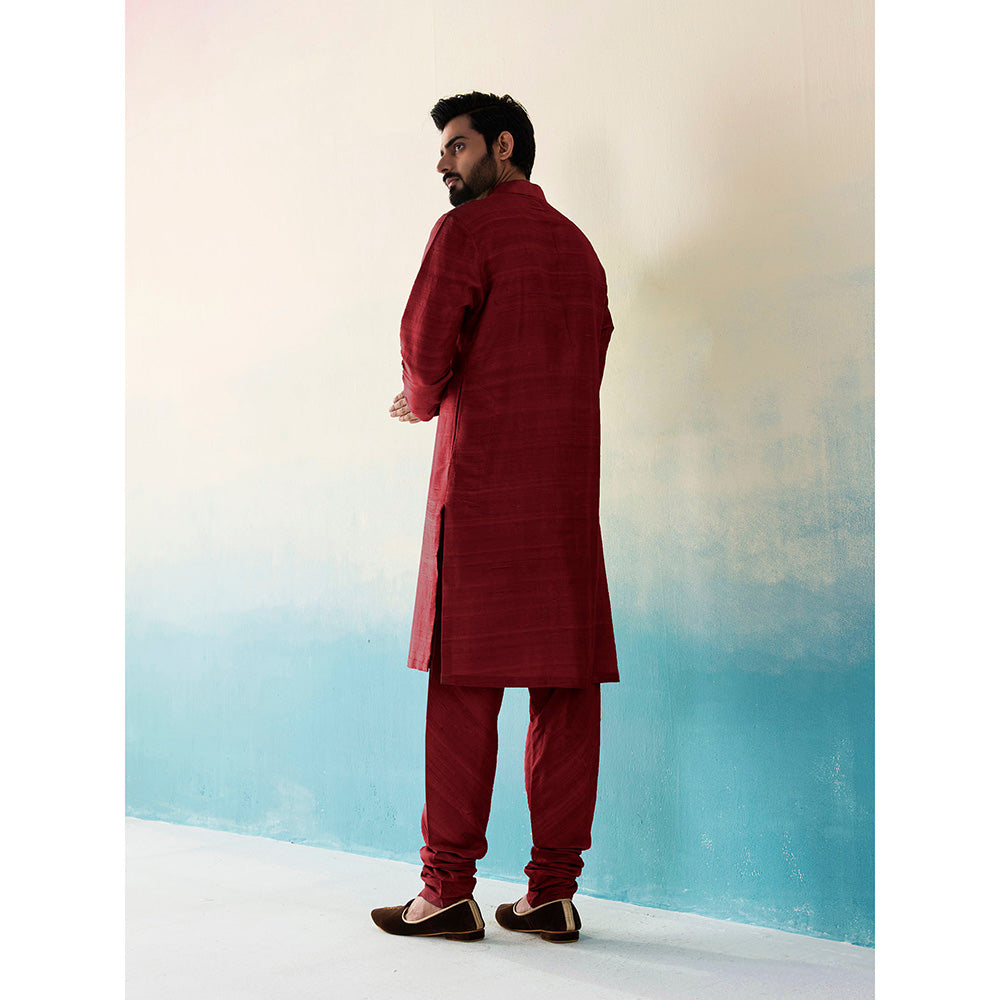 WeaverStory Classic Raw Silk Maroon Kurta with Pant (Set of 2)