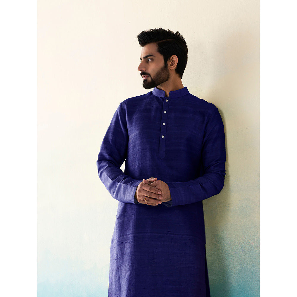 WeaverStory Classic Raw Silk Indigo Kurta with Pant (Set of 2)