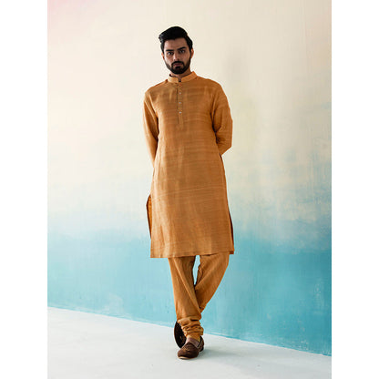 WeaverStory Classic Raw Silk Ochre Yellow Kurta with Pant (Set of 2)