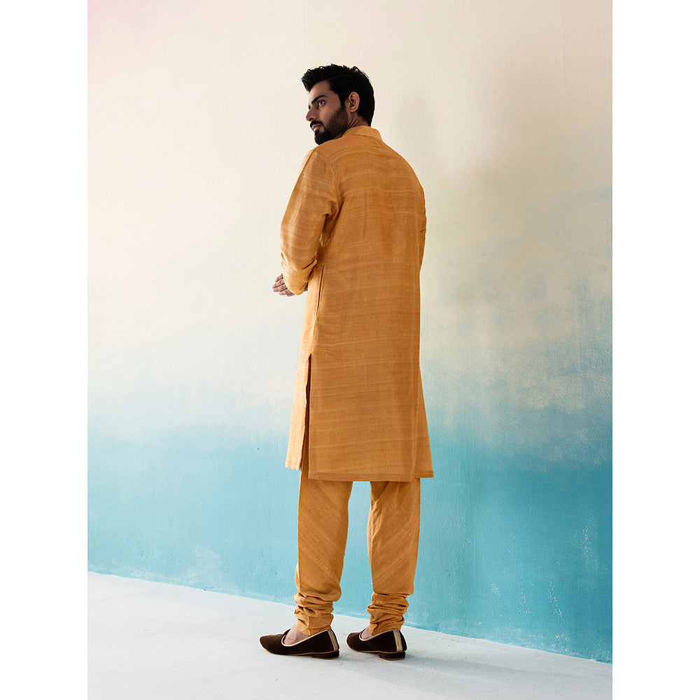 WeaverStory Classic Raw Silk Ochre Yellow Kurta with Pant (Set of 2)