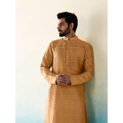 WeaverStory Classic Raw Silk Ochre Yellow Kurta with Pant (Set of 2)