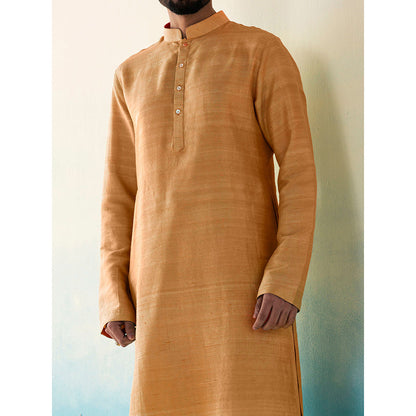WeaverStory Classic Raw Silk Ochre Yellow Kurta with Pant (Set of 2)