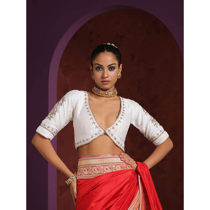 WeaverStory White Raw Silk Blouse with Hand Embroidered Zardozi Detailing