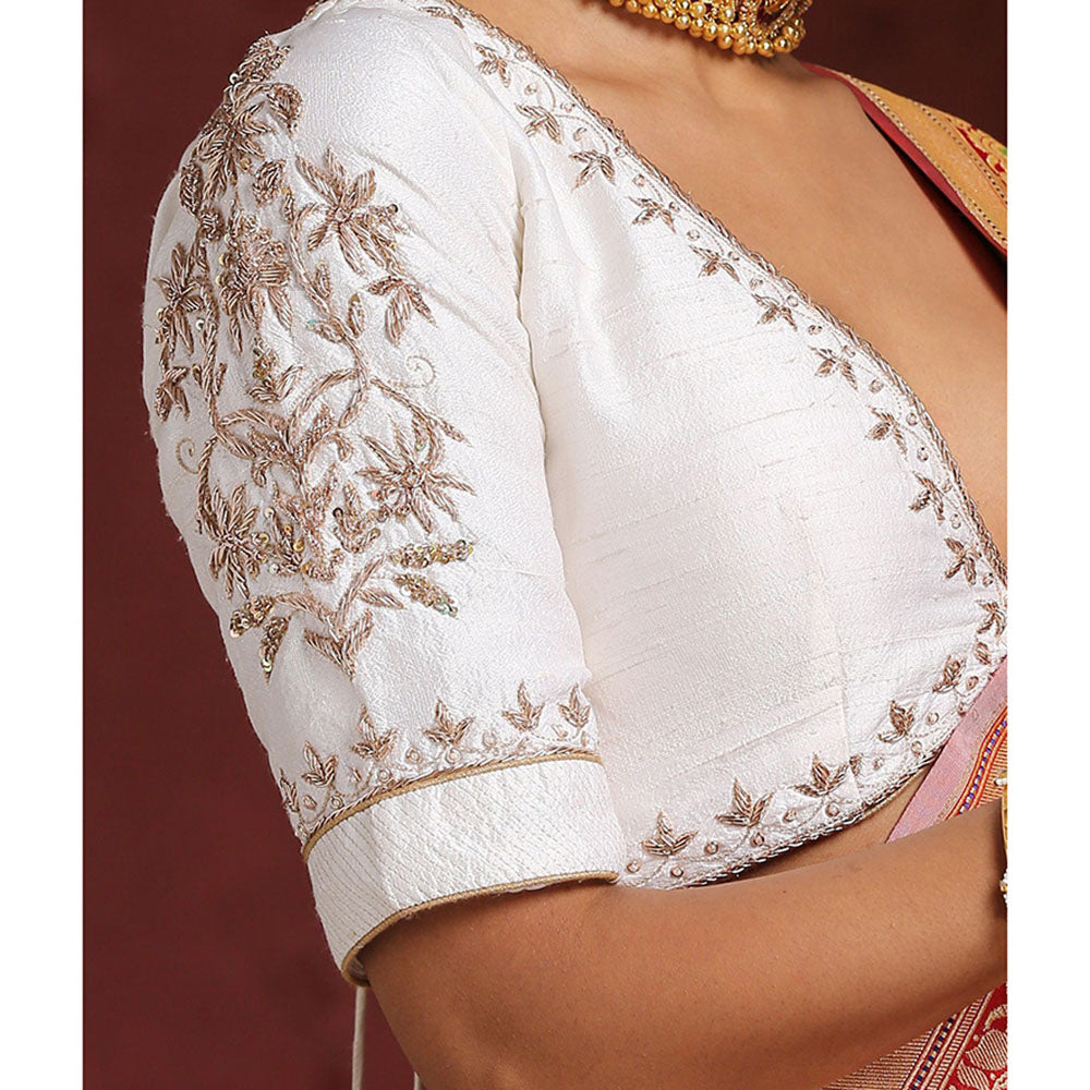 WeaverStory White Raw Silk Blouse with Hand Embroidered Zardozi Detailing