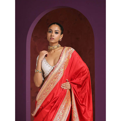 WeaverStory White Raw Silk Blouse with Hand Embroidered Zardozi Detailing