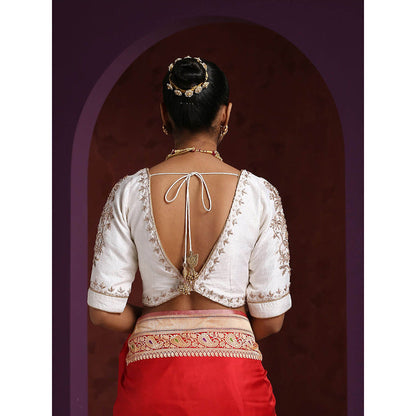WeaverStory White Raw Silk Blouse with Hand Embroidered Zardozi Detailing