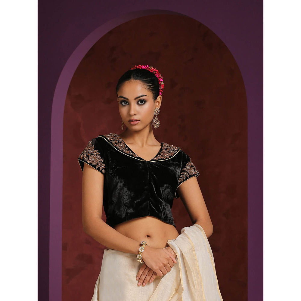 WeaverStory Hand Embroidered Black Velvet Blouse
