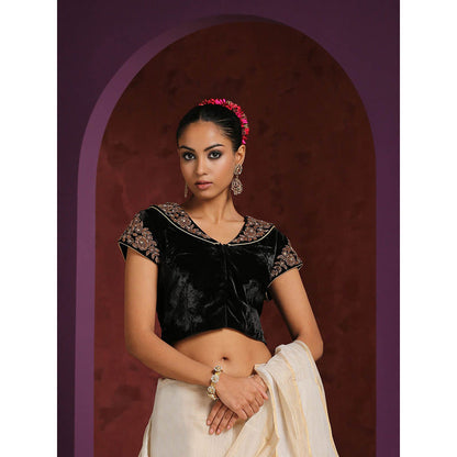 WeaverStory Hand Embroidered Black Velvet Blouse