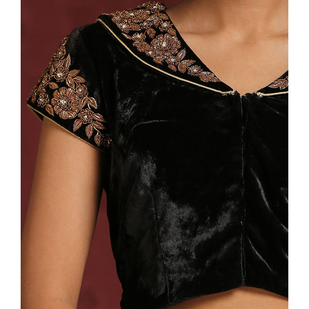 WeaverStory Hand Embroidered Black Velvet Blouse