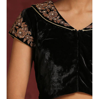 WeaverStory Hand Embroidered Black Velvet Blouse