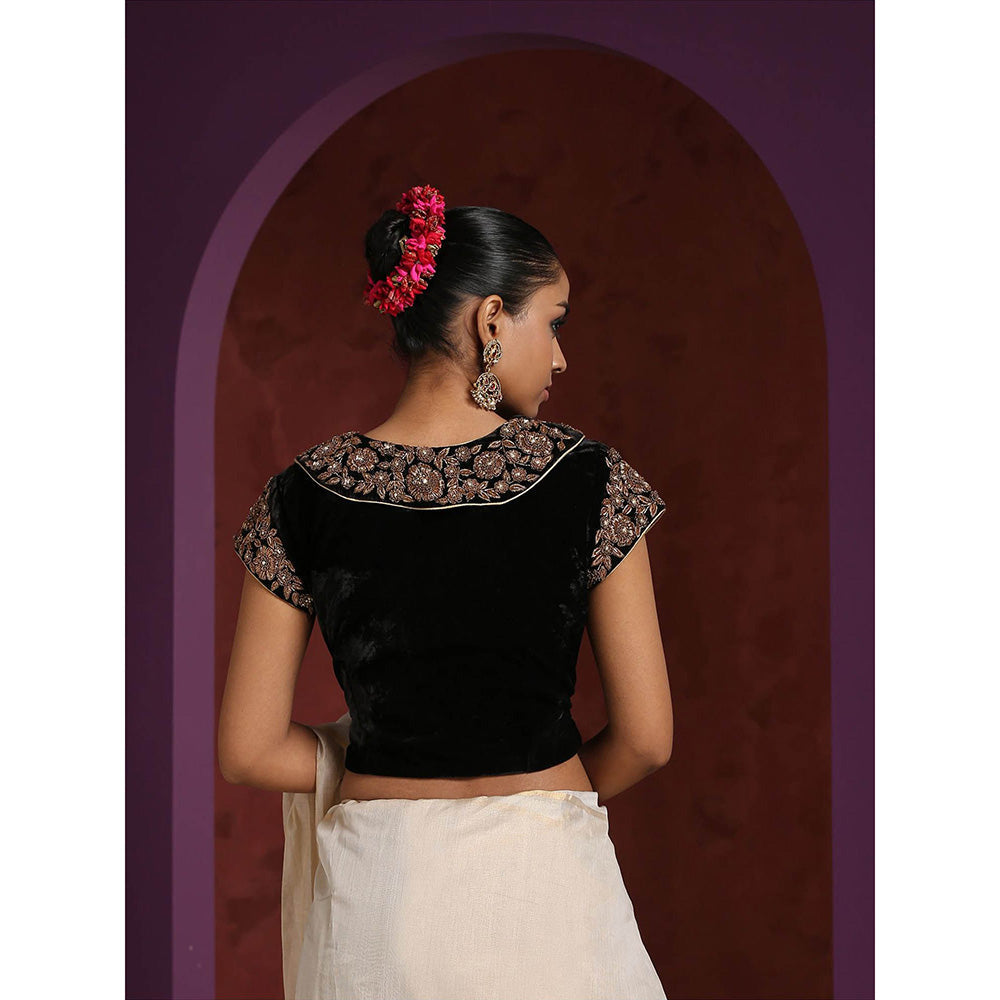 WeaverStory Hand Embroidered Black Velvet Blouse