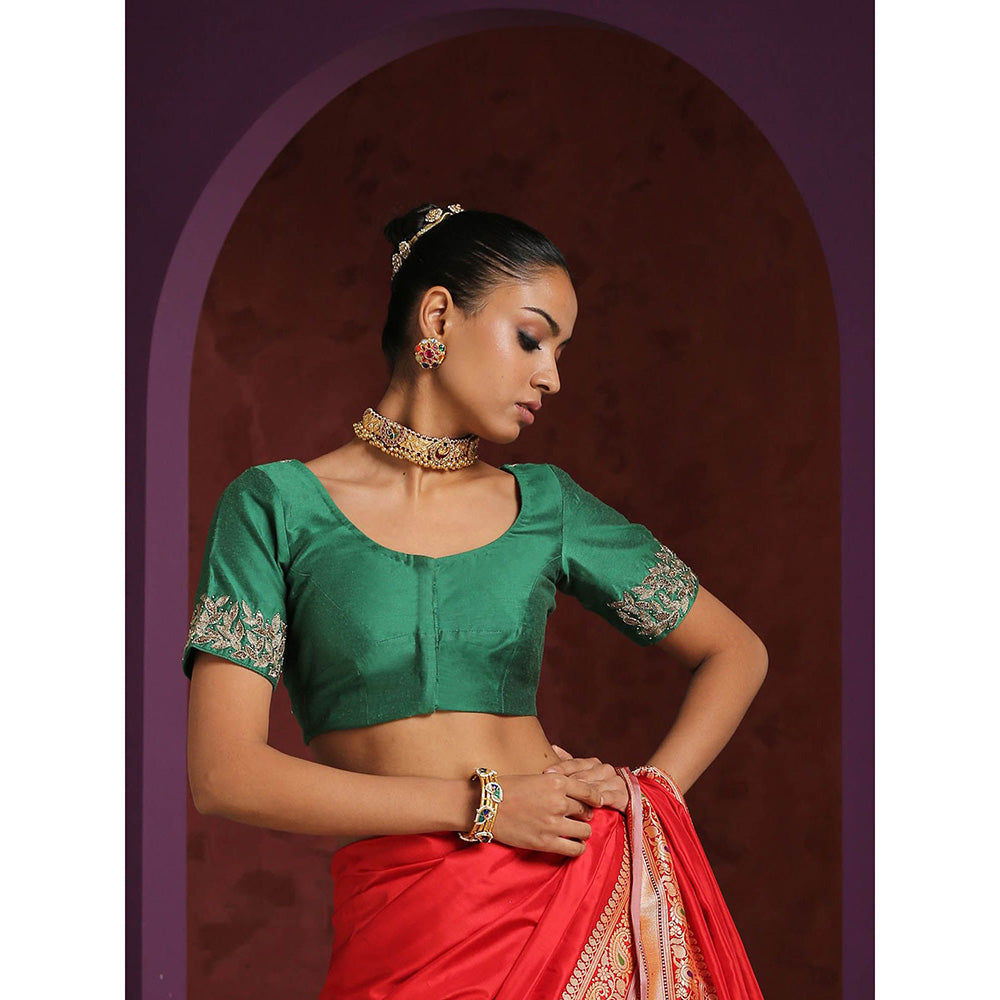 WeaverStory Green Pure Silk Hand Embroidered Zardozi Blouse