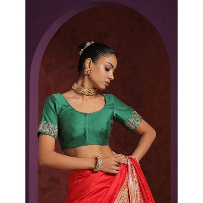 WeaverStory Green Pure Silk Hand Embroidered Zardozi Blouse