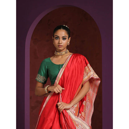 WeaverStory Green Pure Silk Hand Embroidered Zardozi Blouse